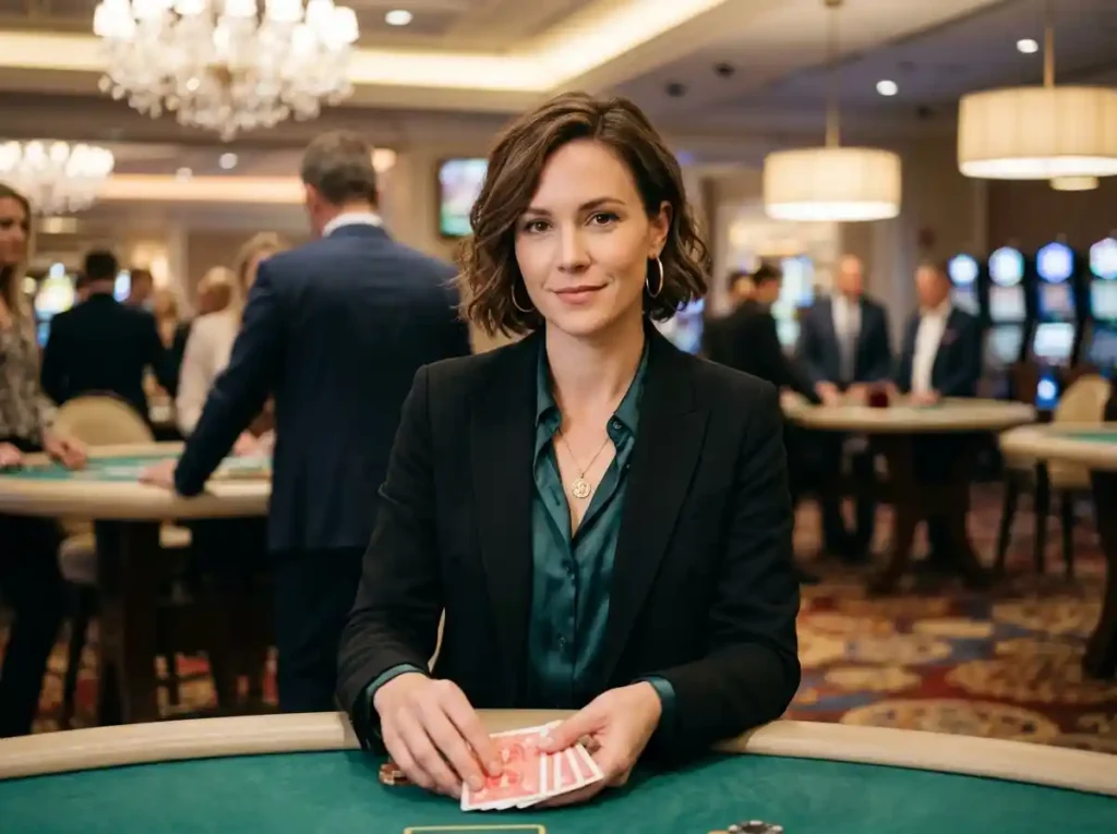 Fashionable woman inside a real casino playing cards and looking at the camera, capturing the vibe of an online casino 247 guide 2026 experience with a stylish gaming atmosphere.
