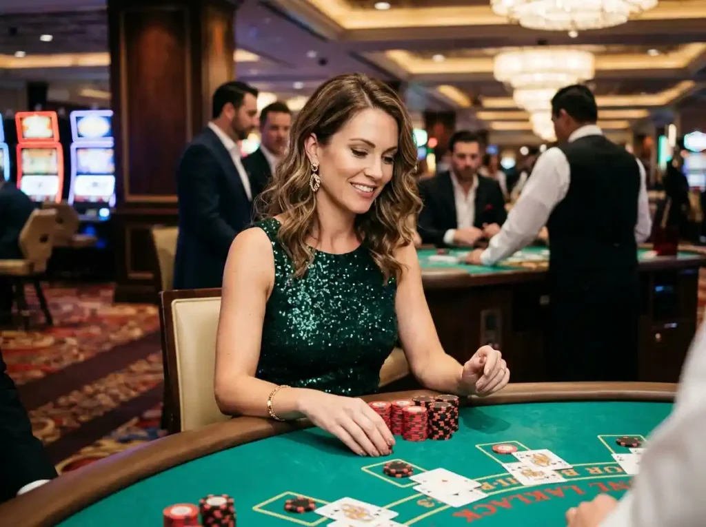 Glamorous woman seated at a roulette table inside a real casino, enjoying live casino games, reflecting the atmosphere explored in online casino 247 guide 2026.