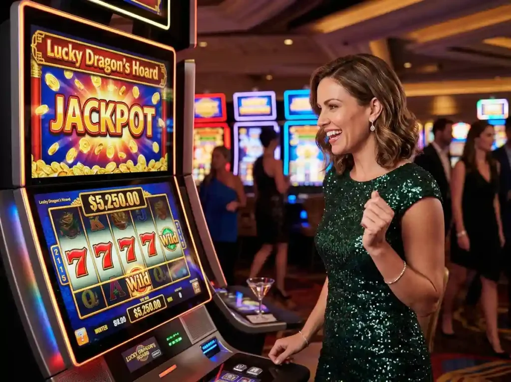 Glamorous woman playing a slot machine inside a real casino, reflecting the theme of an online casino 247 guide 2026 and the excitement of winning moments.