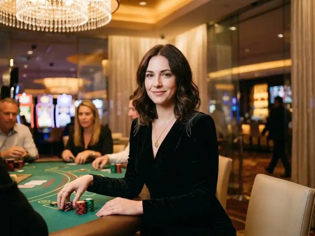 Woman playing at a poker table in a real casino looking at the camera, representing an online casino 247 guide 2026 experience with nonstop gaming atmosphere.