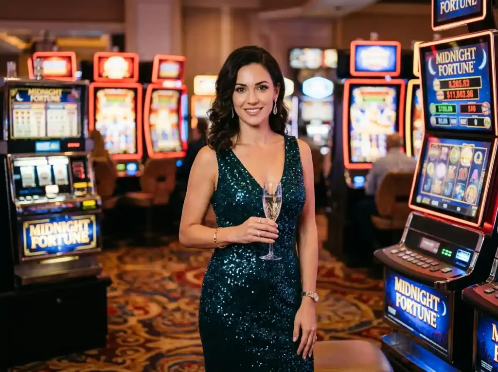 Elegant casino player enjoying slot games inside a luxury casino, capturing the excitement associated with Slot Zone Casino online gaming entertainment