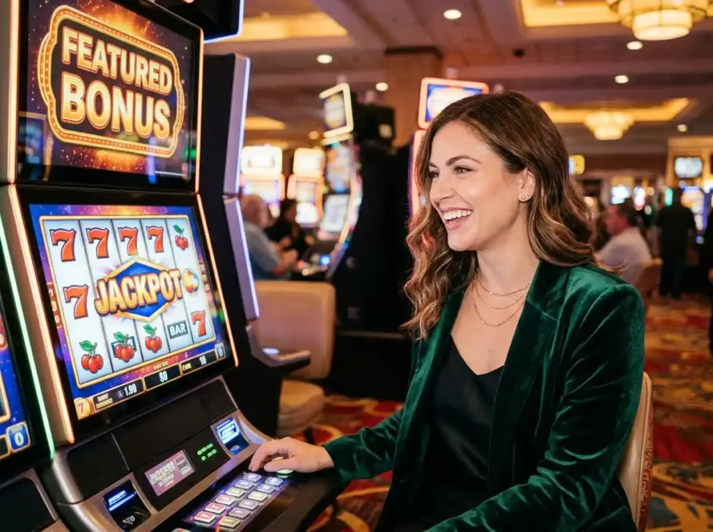 Elegant woman enjoying slot games inside a luxury casino, reflecting the exciting atmosphere of Slot Zone Casino online gaming