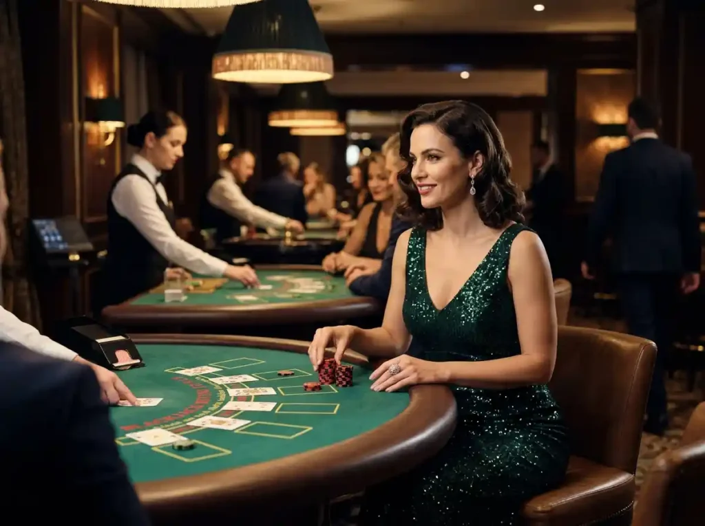 Stylish woman holding casino chips at a real casino table, capturing the exciting atmosphere associated with Slot Zone Casino and online casino entertainment