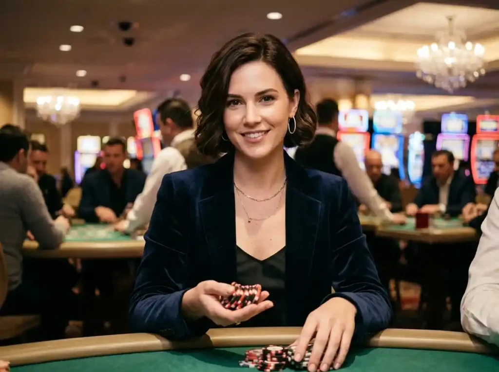 Stylish casino player facing the camera while holding poker chips inside a luxury casino, reflecting the exciting atmosphere connected to Slot Zone Casino online gaming experience
