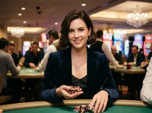 Stylish casino player facing the camera while holding poker chips inside a luxury casino, reflecting the exciting atmosphere connected to Slot Zone Casino online gaming experience
