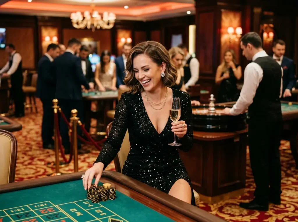 747 online casino confident female player smiling while gaming in a physical casino environment