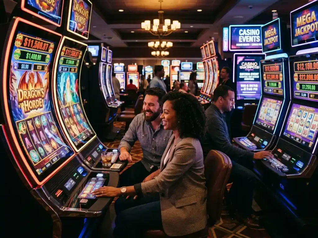 747 online casino couple enjoying a shared casino slot machine experience in a physical casino setting.