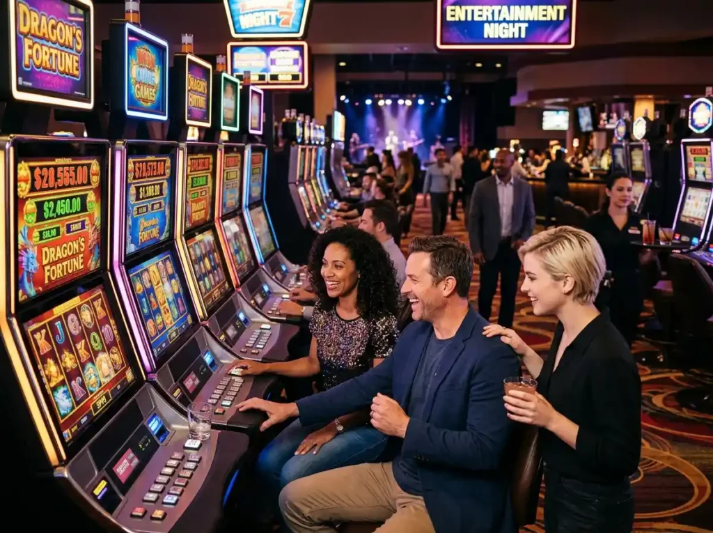 747 online casino happy players enjoying a casino slot experience in a real gaming environment.