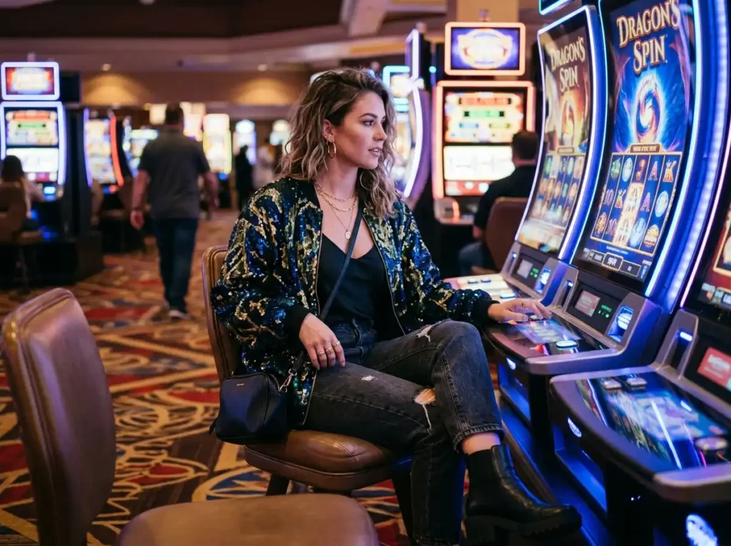 Betvisa online casino female guest playing slot machines inside a modern casino gaming area.