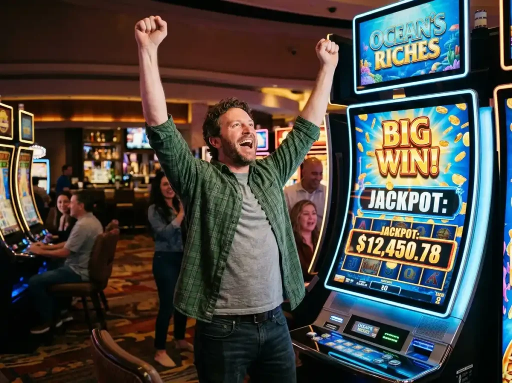 Betvisa online casino player enjoying a winning moment while playing a slot machine in a casino setting.