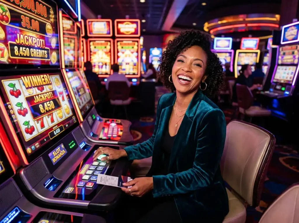 Betvisa online casino woman playing slots inside a modern casino gaming environment