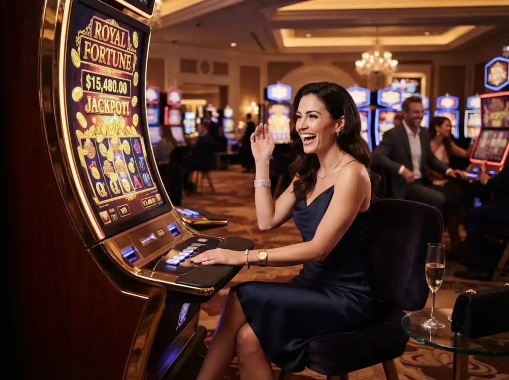An elegantly dressed woman enjoying premium slot machines at a luxury casino, inspired by the excitement of CC6 Online Casino.
