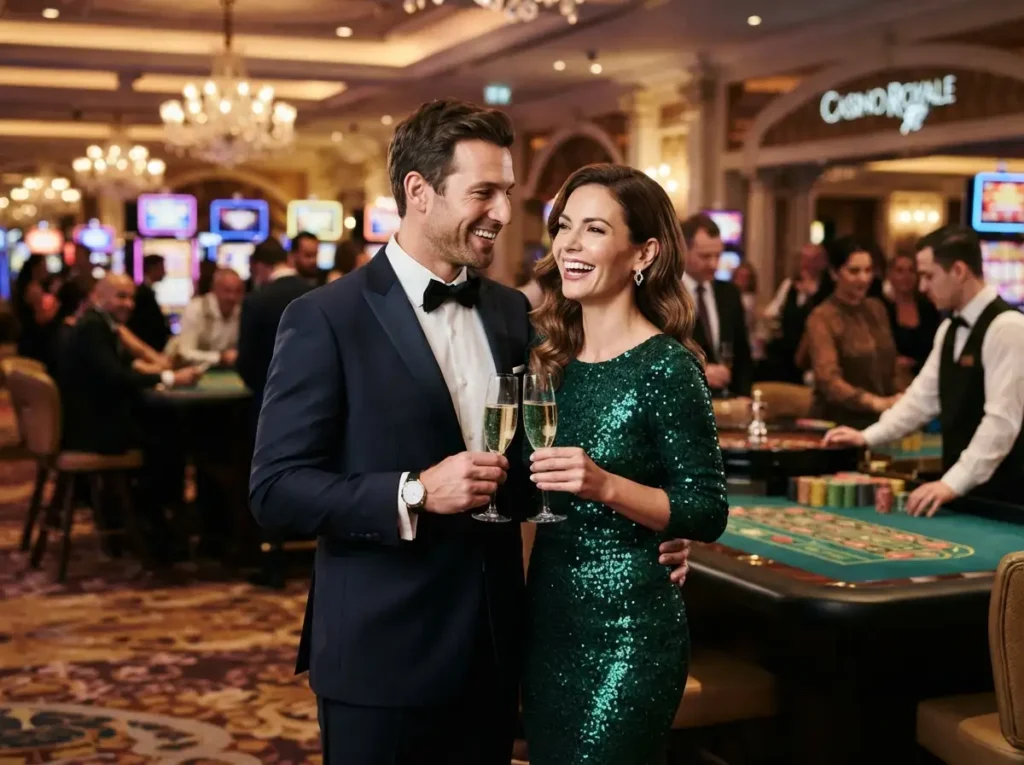 Elegant couple smiling while enjoying a game inside a luxury casino, inspired by the excitement of cc6 online casino.