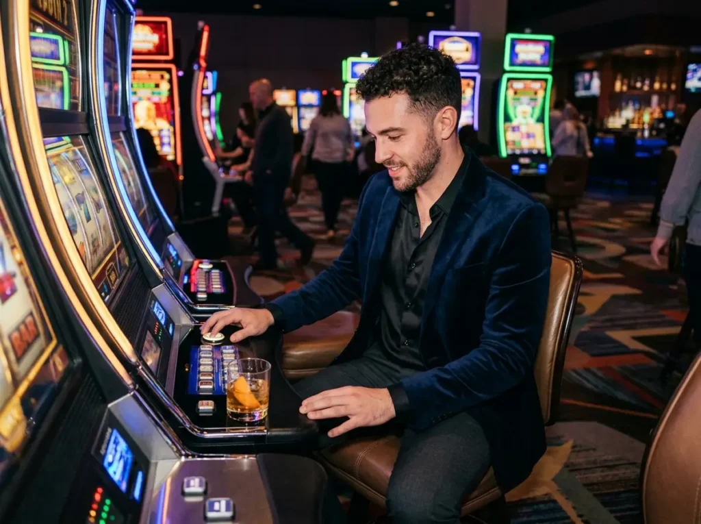 cgebet online casino login featuring a male gambler playing slot machines in a casino gaming area
