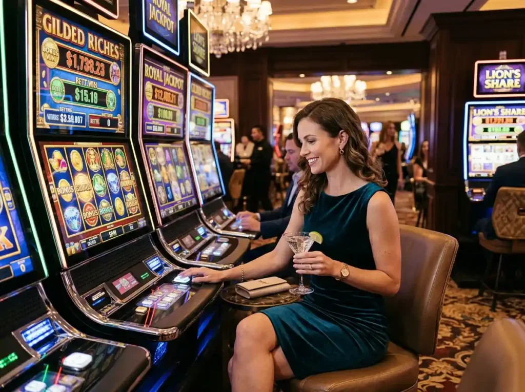 cgebet online casino login featuring a stylish female gambler enjoying a slot machine area experience