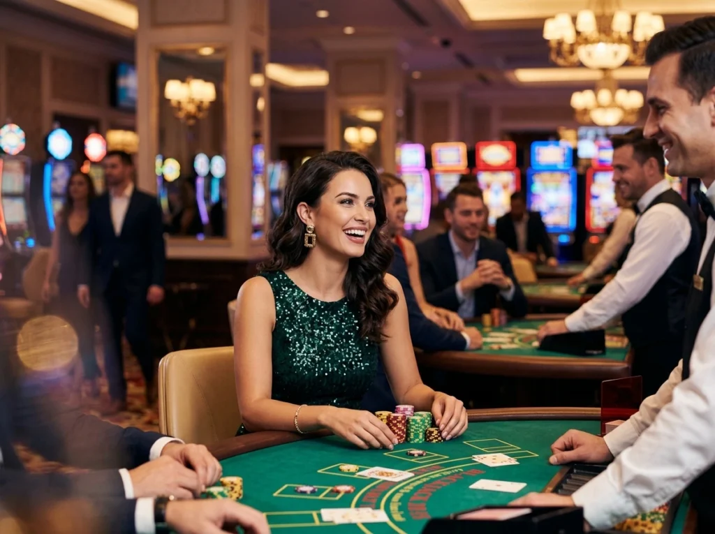 Free 100 online casino featuring an elegant woman smiling in a casino game area with a luxury gaming atmosphere.
