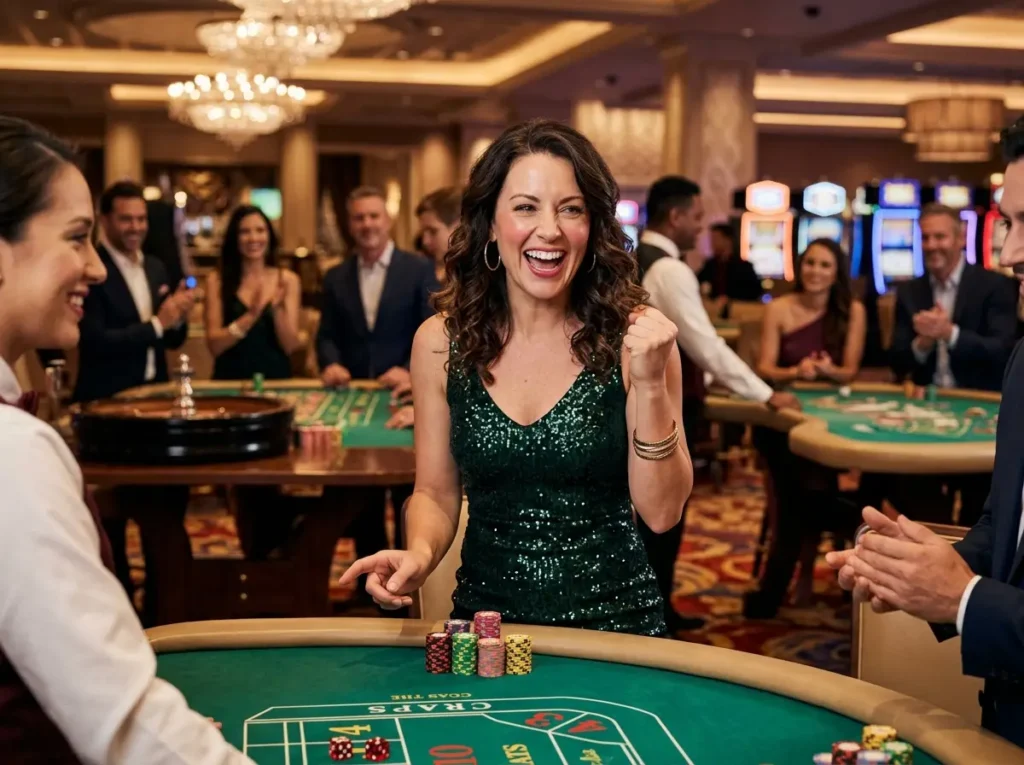 Free 100 online casino player celebrating winning games during a casino gaming experience