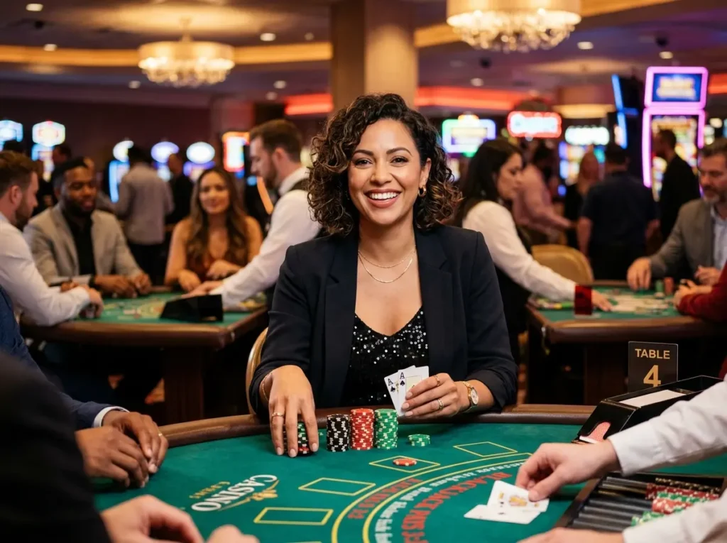 Free 100 online casino smiling woman enjoying casino games in a luxury gaming environment
