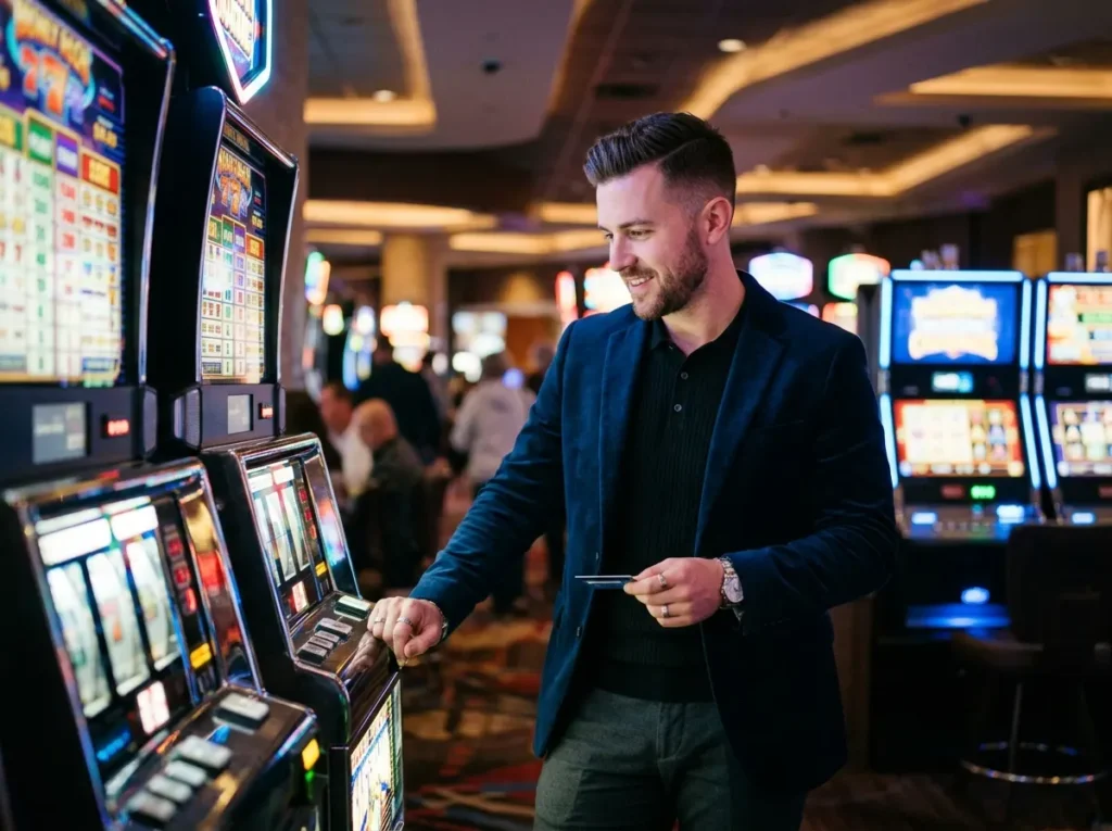 Stylish man gambler enjoying the slot machine area experience at a casino with free 100 online casino entertainment.