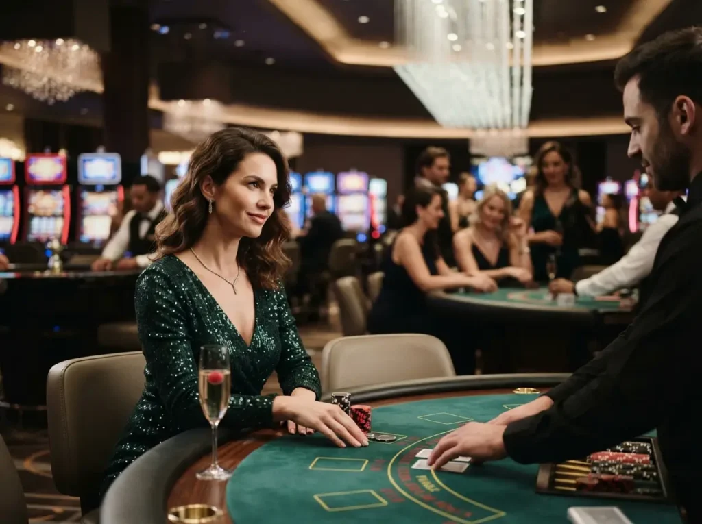 Elegant female player enjoying a table game inside a luxury casino while exploring online casino facebook.