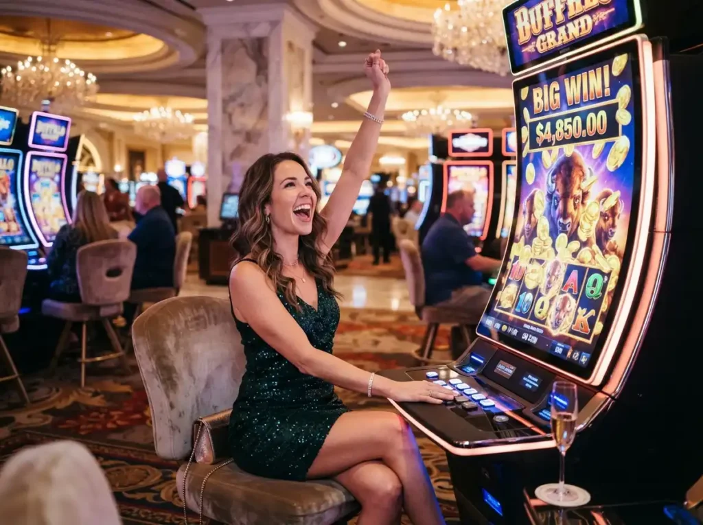 Woman enjoying a luxury slot machine experience inside a premium casino, inspired by the excitement of online casino facebook.