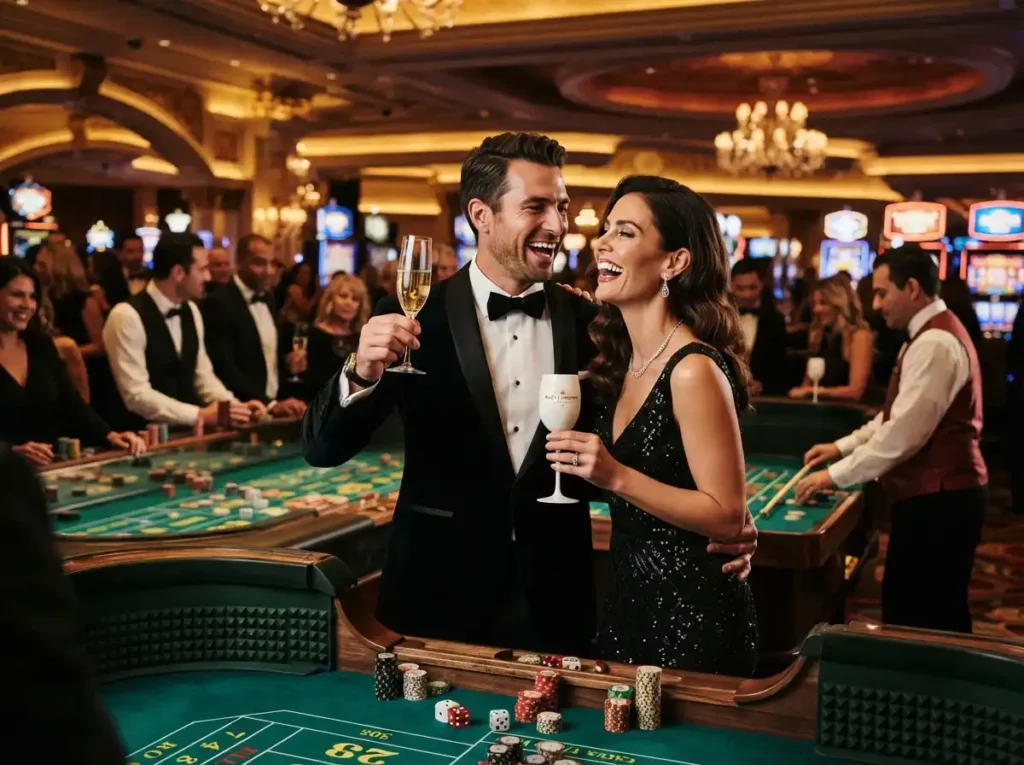 A stylish couple enjoying an elegant evening at a luxury casino, capturing the excitement of online casino facebook in a real casino setting.