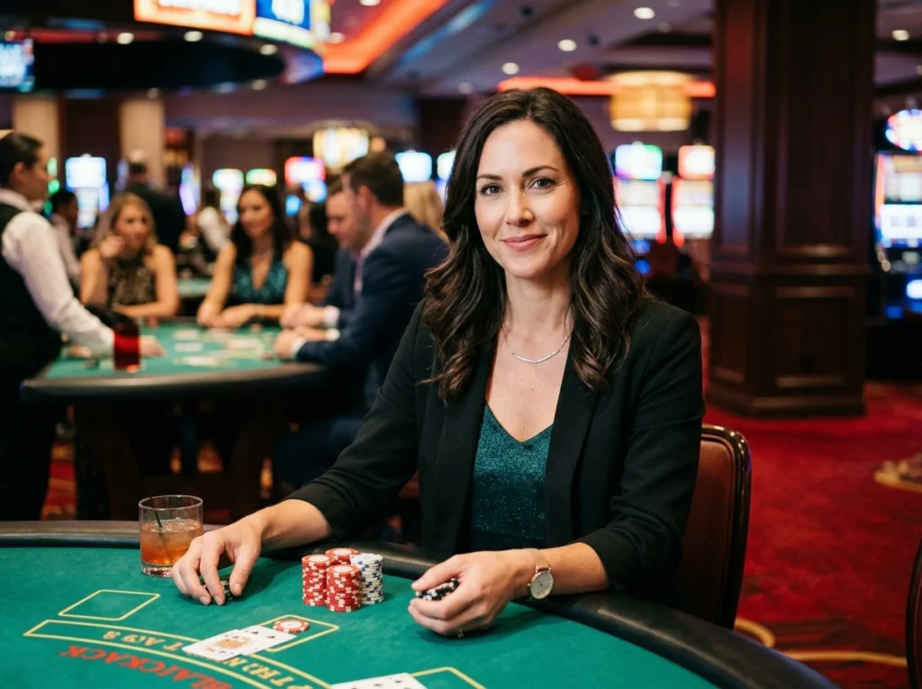 Online casino free 100 confident casino player smiling while gaming in a luxury casino environment.