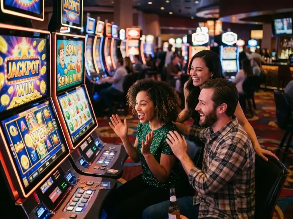 Online casino free 100 friends playing slot machines together in a real casino setting with exciting gaming moments.