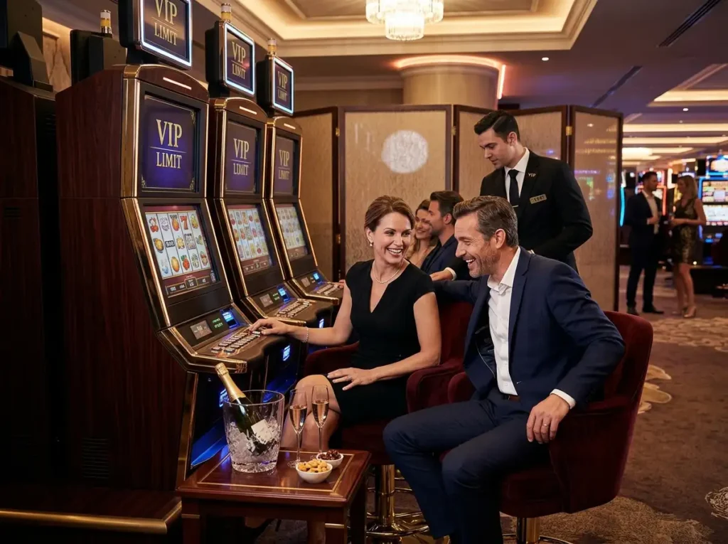 Online casino free 100 couple smiling while enjoying a slot machine game in a casino setting
