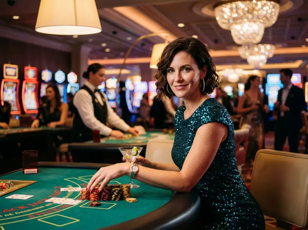 Solaire online casino elegant female player smiling while enjoying a casino game experience in a luxury casino area.