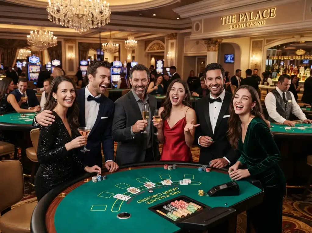 Group of friends enjoying a luxurious casino night inspired by the excitement of 747 live online casino.