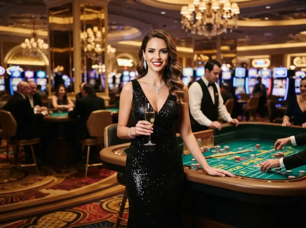 Woman facing forward while enjoying a game at a luxury casino, inspired by the excitement of 747 live online casino.