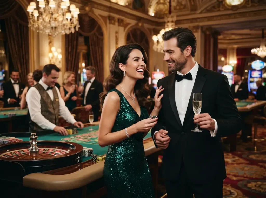 Elegant couple enjoying a glamorous evening at a luxury casino, inspired by the excitement of 7jl online casino.