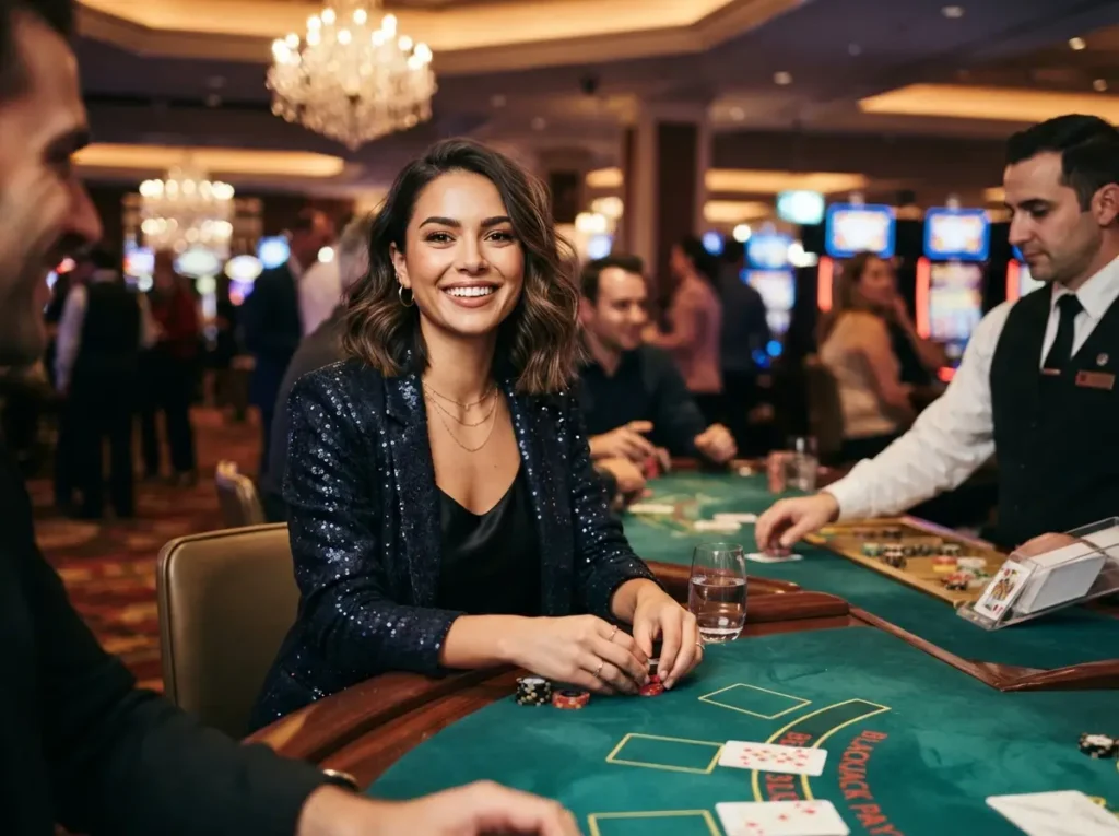 Stylish woman smiling at the camera while enjoying a game inside a luxury casino, inspired by the excitement of 7jl online casino.