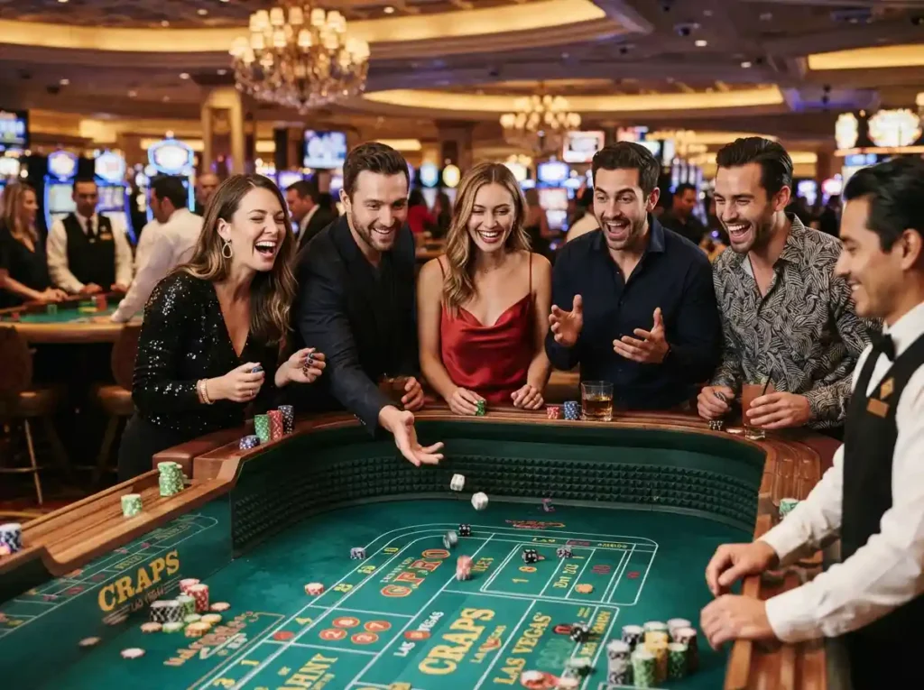 Friends enjoying casino games together at a lively gaming floor inspired by aaajl online casino.