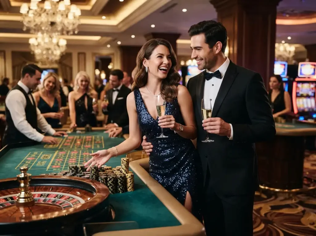 Glamorous couple enjoying a VIP gaming experience at a luxury casino inspired by aaajl online casino.