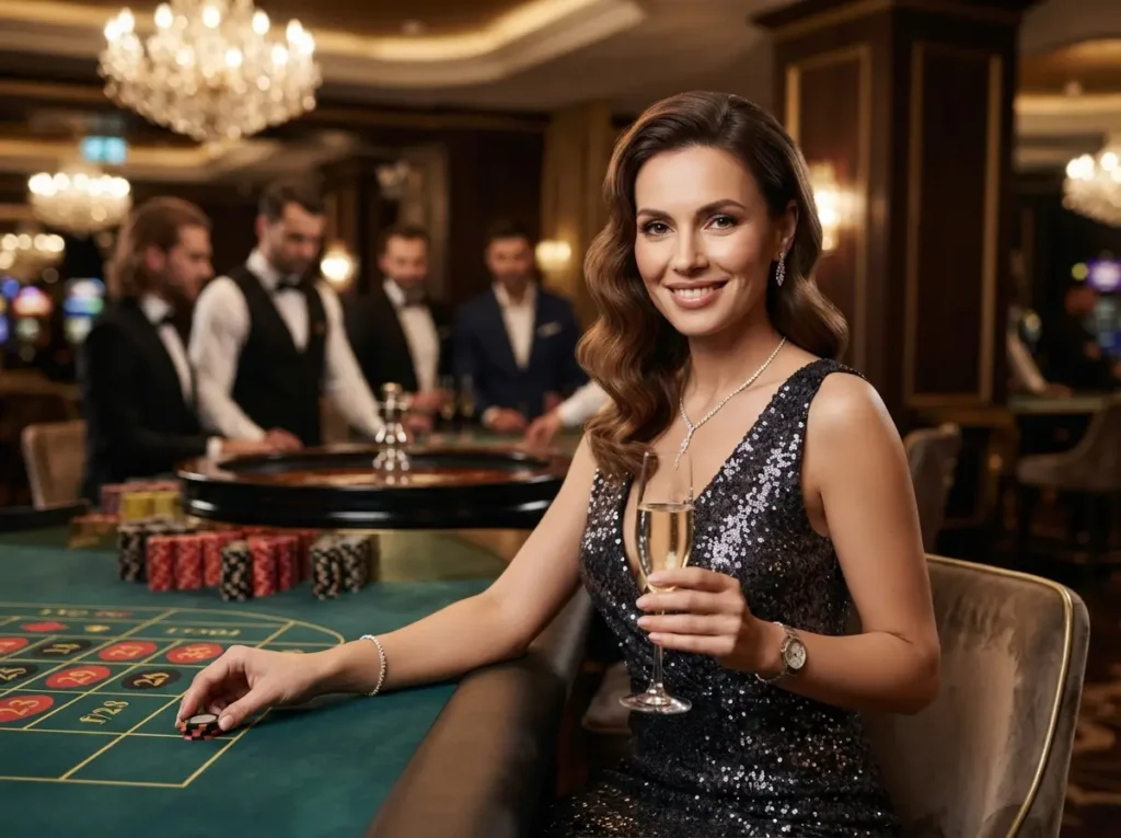 Glamorous woman smiling at the camera inside a luxury casino while representing aaajl online casino.