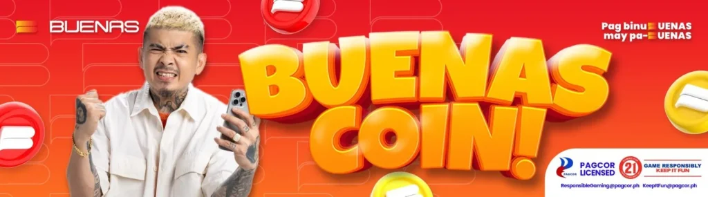 About Us ng Buenas PH na nagpapakita ng Buenas Coin promo na "Pag Binubuenas, May Pabuenas" para sa mga players.