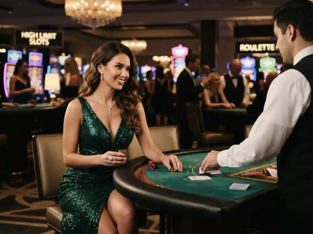 Glamorous female player enjoying a table game in a luxurious casino, inspired by the excitement of au777 online casino.