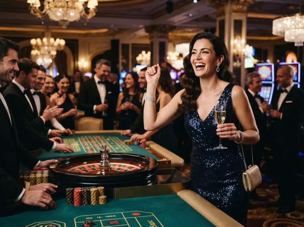 A glamorous woman enjoying an elegant night at a luxury casino, inspired by the excitement of au777 online casino.