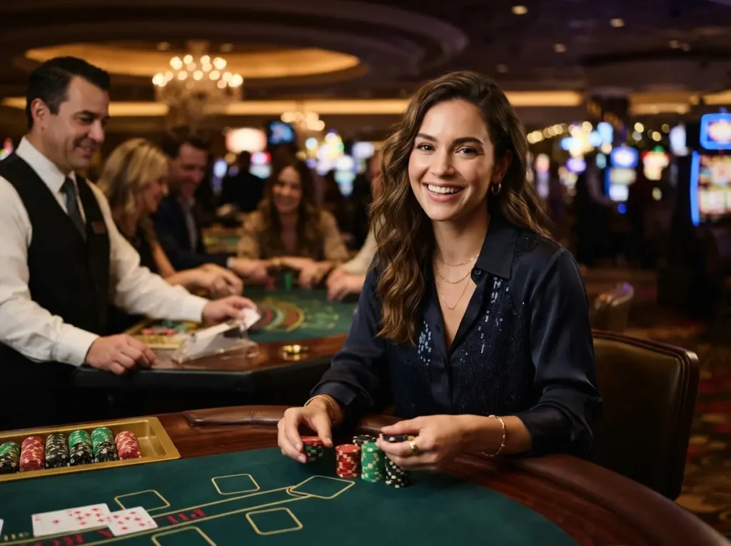 Stylish female player smiling at the camera while enjoying a game in a luxury casino, inspired by the excitement of au777 online casino.