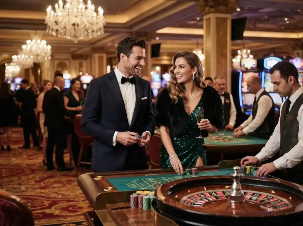 Elegant couple enjoying a glamorous evening at a luxury casino, inspired by the excitement of the biggest online casino.