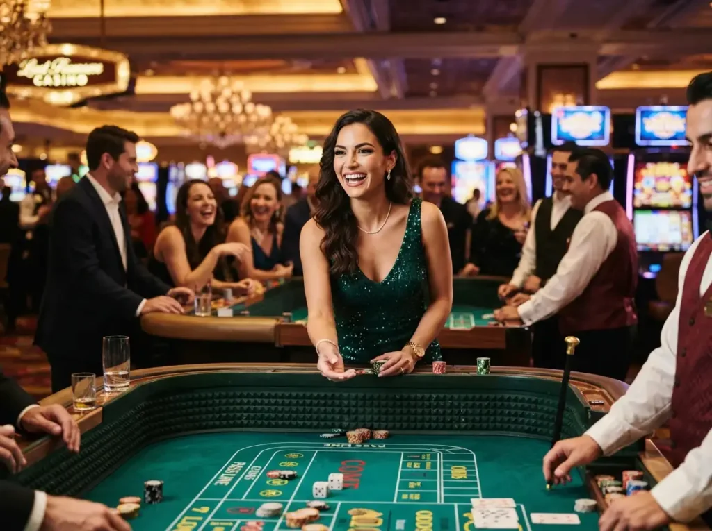 Confident woman enjoying a stylish night at a luxury casino, inspired by the excitement of BMY888 Online Casino.