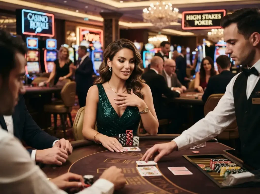 Glamorous woman enjoying a stylish gaming experience in a modern casino, inspired by the excitement of bmy888 online casino.