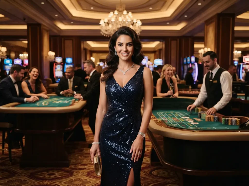Glamorous woman at a luxury casino table, inspired by the excitement of Buenas Poker Team.
