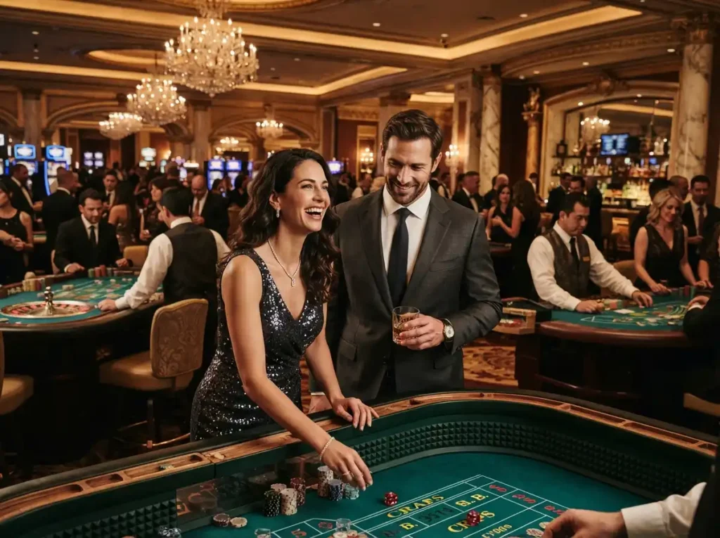 Couple enjoying an elegant evening at a luxury casino while playing table games inspired by Buenas Poker Team.