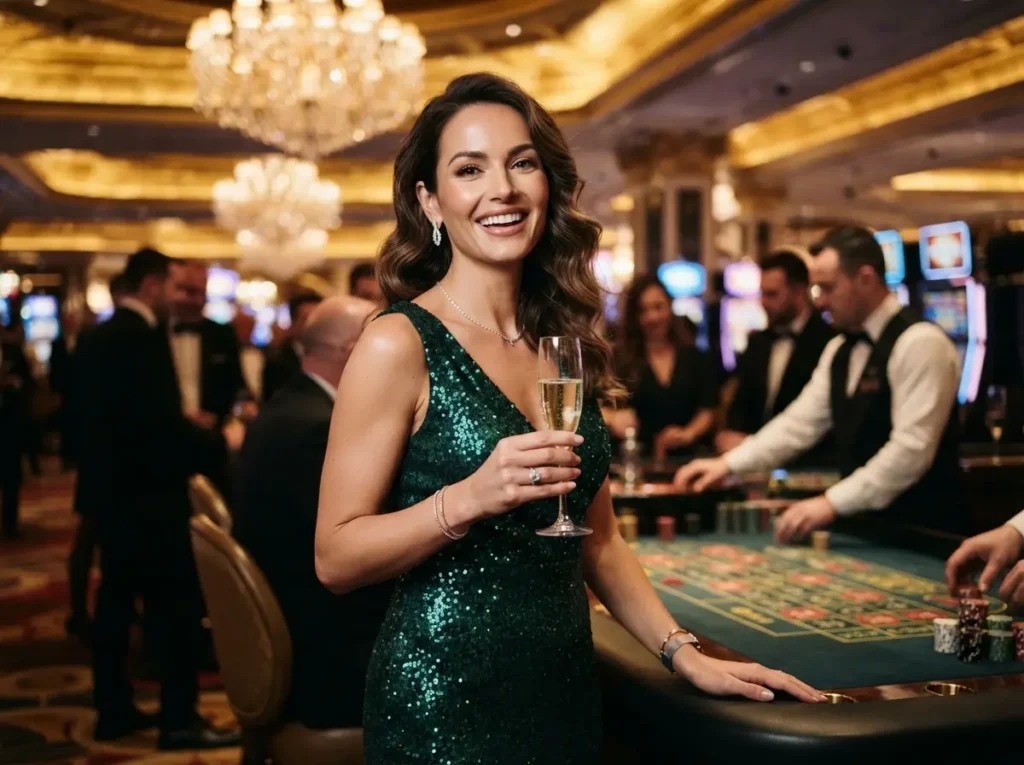 Elegant woman enjoying a poker game in a luxury casino, inspired by buenas poker team.
