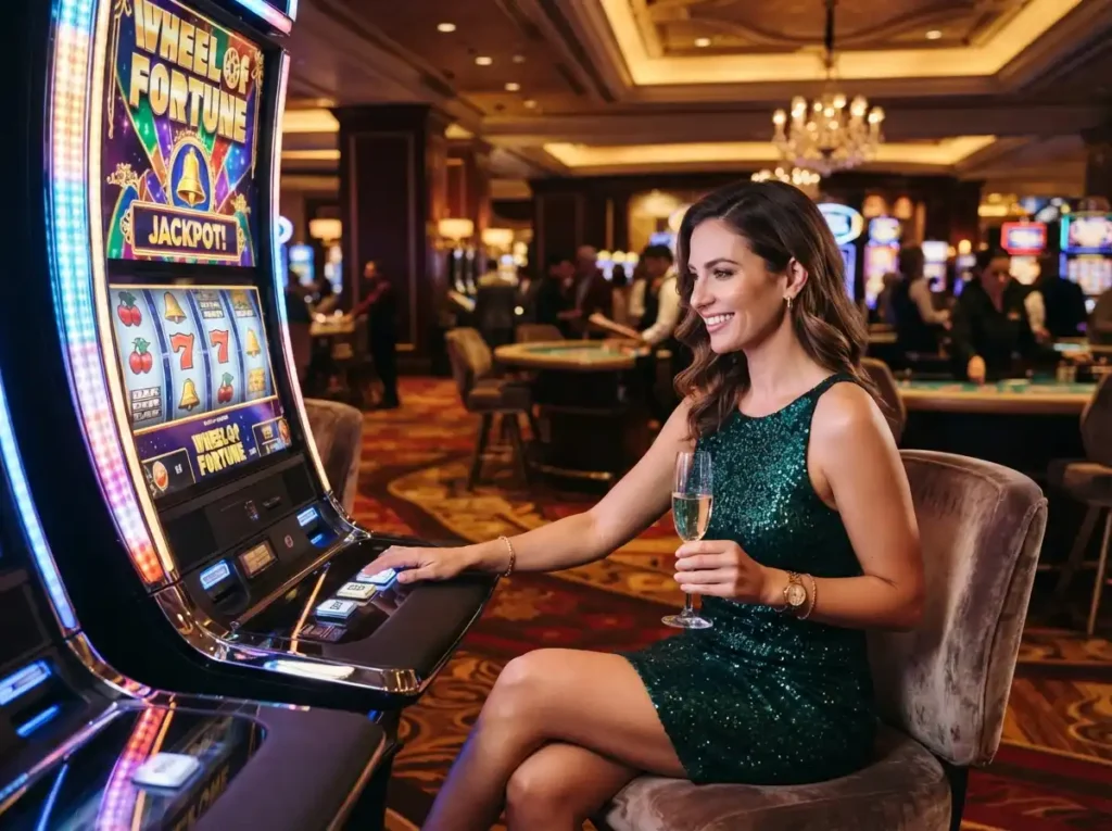 A woman enjoying slot machines in a luxury casino while exploring Buenas Poker Team gaming options.