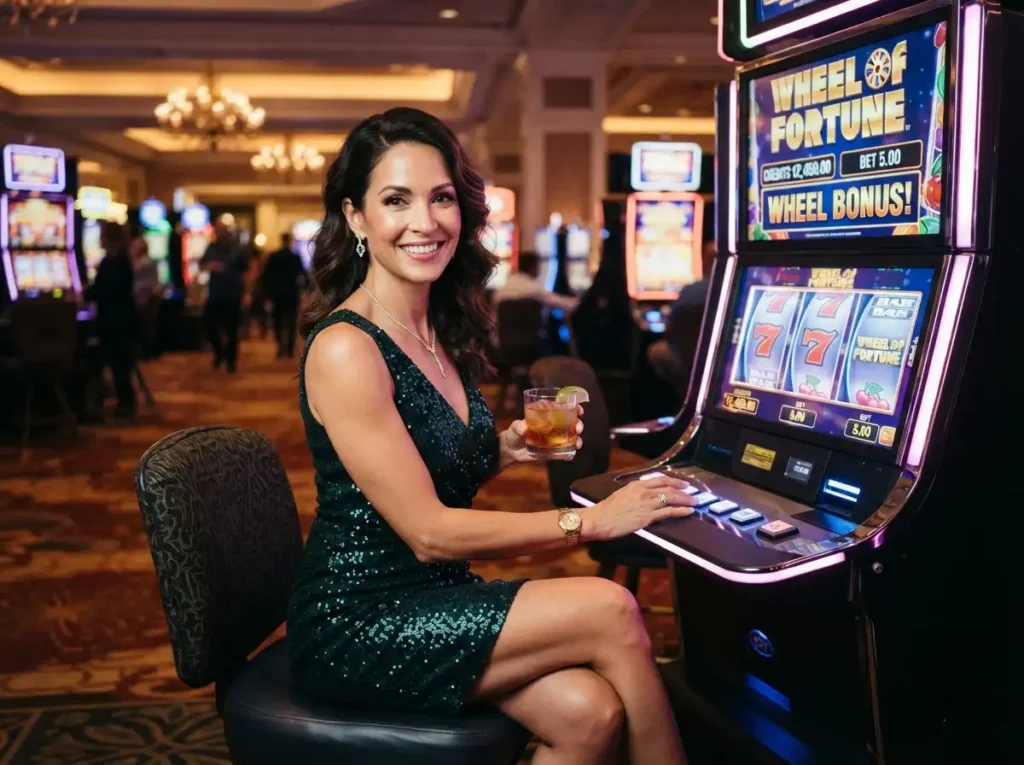 Elegant player smiling at the camera while enjoying a slot machine at a luxury casino, inspired by the excitement of CCZZ Online Casino.