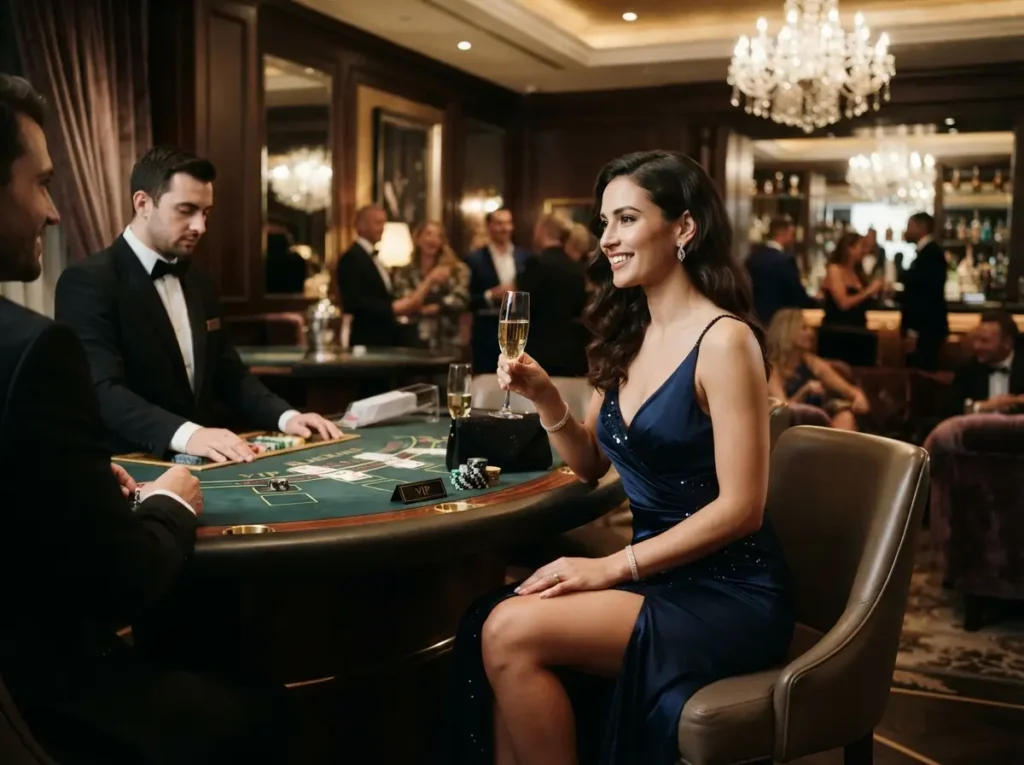 Elegant woman enjoying a relaxing moment inside a luxury casino lounge inspired by the excitement of cczz online casino.